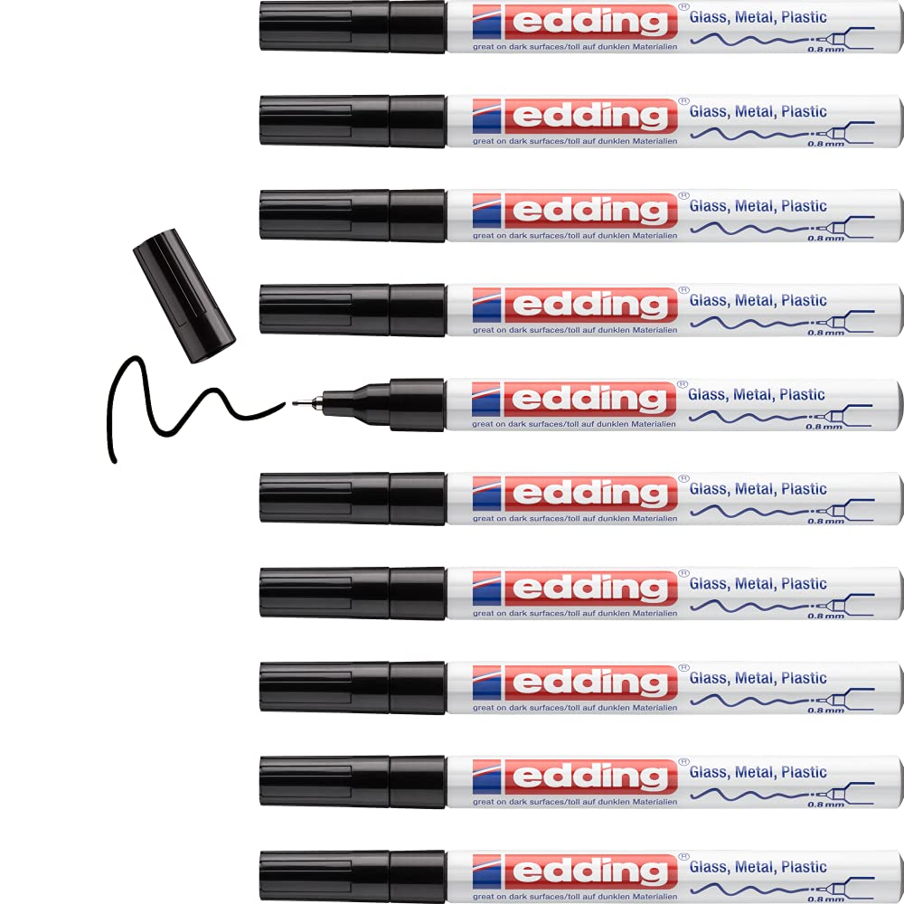 edding 780 gloss paint marker - black - 10 paint markers - extra-fine round tip 0.8 mm - paint pen for glass, pebbles, wood, plastic, paper - waterproof, high coverage