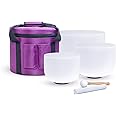KVKA Set of 3pcs Chakra Frosted Quartz Crystal Singing Bowls Set 8-12 inch with Carrying Case - 12''C 10''F 8''B for Yoga Sound Healing