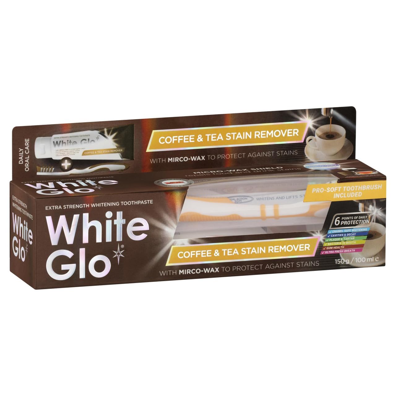 White Glo Coffee & Tea Drinkers Extra Strength Whitening Toothpaste, Revolutionary Micro Wax Protective Shield to Repel Future Stains, Micro-Polishing Particles Targets Yellowing on Teeth - 150g