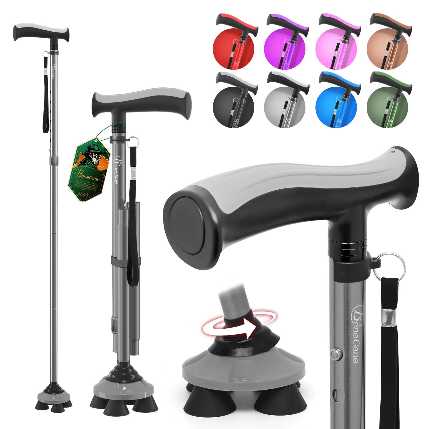 BeneCane Walking Cane for Men & Women Walking Stick for Seniors Folding Canes Quad Cane Adjustable Lightweight Sturdy Free Standing Collapsible Heavy Duty with Soft TPR T-Handle and Travel Bag