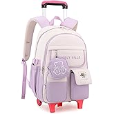 ZHANAO Color-blocking Rolling Backpack for Girls,Kawaii School Bag with Wheels,Trolley Bookbags for Primary Students