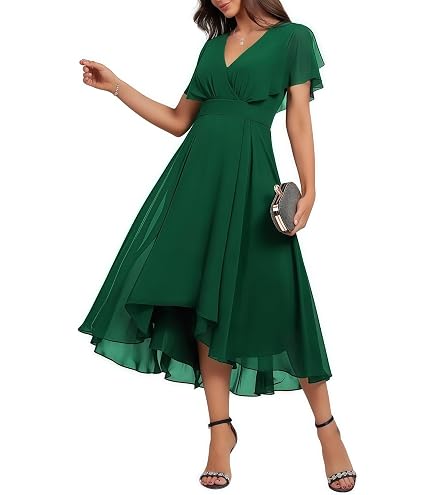 Chiffon Dresses for Women 2026 Summer Ruffle Short Sleeve Cocktail Dress Flowy V Neck High Low Wedding Guest Dresses Green Chiffon Dress : Clothing, Shoes & Jewelry