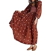 Yeenily Women Bohemian Floral Dress Lantern Sleeve Square Neck Flower Embroidered Maxi Dress Flowy High Waist Long Dress