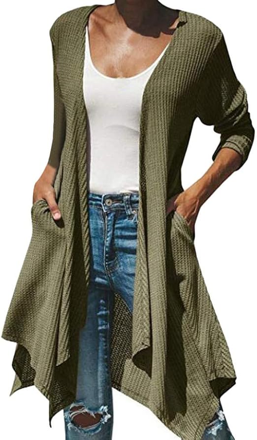 Ladies Casual Long Open Sleeves Draped Front Long Cardigans Tops