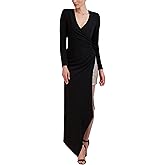 BCBGMAXAZRIA Womens Long Sleeve Overlay Midi Dress with Asymmetrical Hem