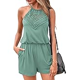 Miladusa Womens Rompers Casual Summer Rompers Short Halter Jumpsuits Solid Color Elastic Waist Outfits with Pockets