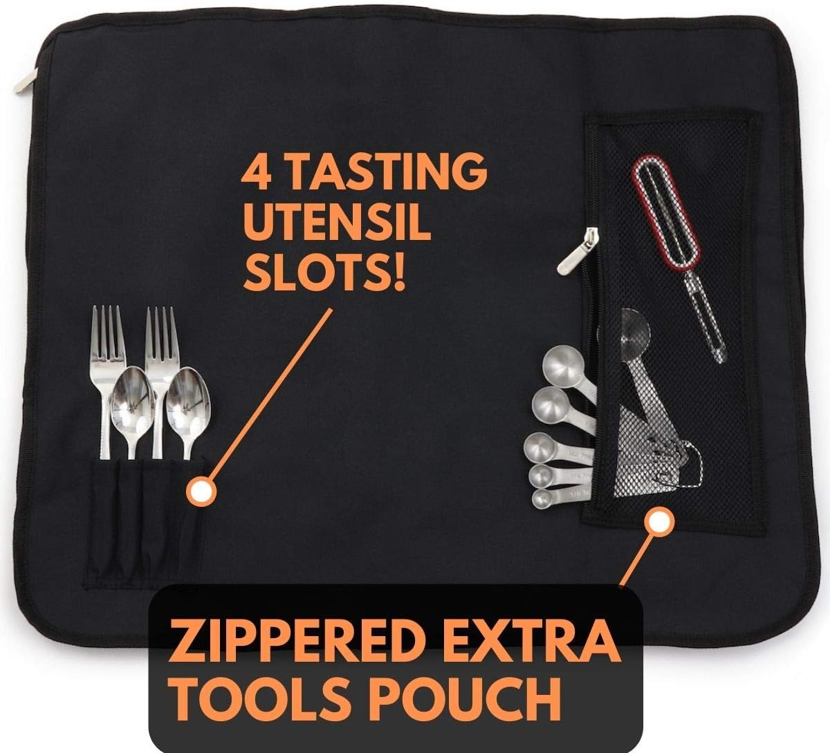Chef’s Knife Roll Bag (14 slots) Holds 10 Knives PLUS Meat Cleaver, Utility Pocket, AND 4 Tasting Spoons! Our Durable Knife Carrier Includes Shoulder Strap and Name Card Holder. (Knives Not Included): Kitchen & Dining