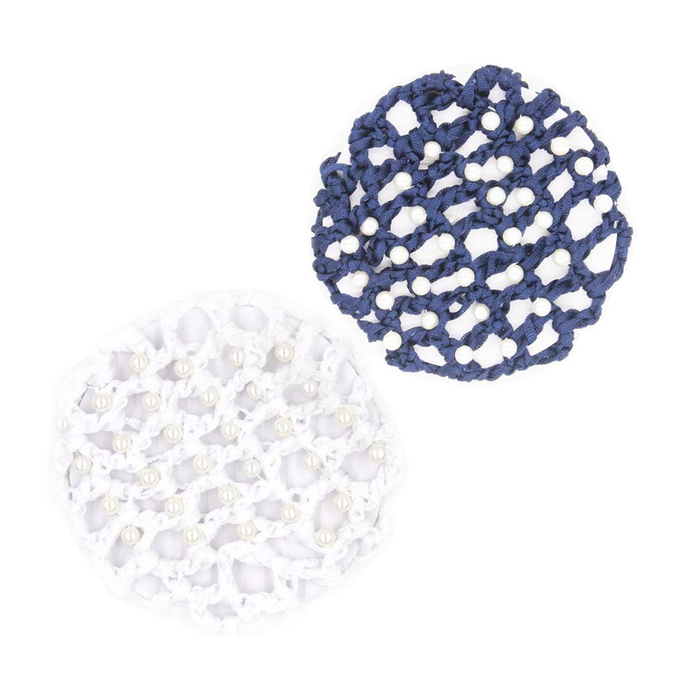 Furling Pompoms Pearl Hand-woven Hair Net Elasticated Hair Net Bag Thick Net Mesh Bun Cover Hair Accessories for Ballet Dancing Sports Pack of 2 pcs (Navy Blue & White)