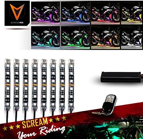 SCREAMFOX Motorcycle LED Lights Kit 8pcs Strips Remote Control and Waterproof Automotive Neon Accent Lighting for Motorcycle Harley Davidson Honda Kawasaki Suzuki