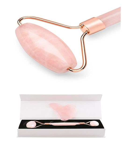 Rose Quartz Jade Roller and Scraping For Face, Natural Jade Roller Pink for Face to Eyes Neck Clear Toxin/Reduce Puffiness/Slimming/Remove Wrinkles/Anti-Aging Restoring, Valenttines Gift.
