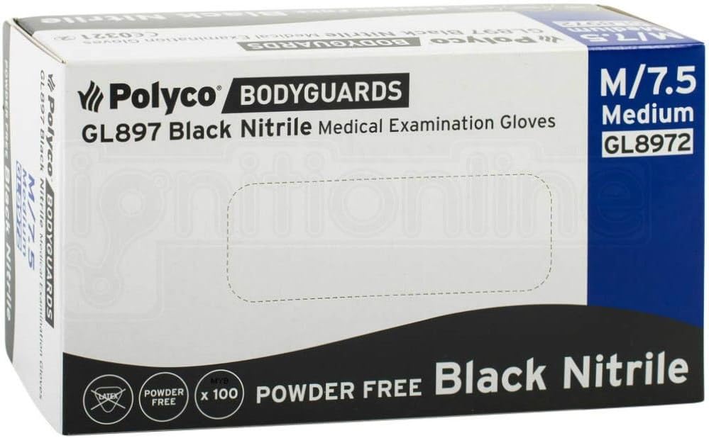 Polyco 2 x Bodyguards 4 Black (M) Nitrile Powder Free Disposable Gloves GL8972 200 Medium Gloves