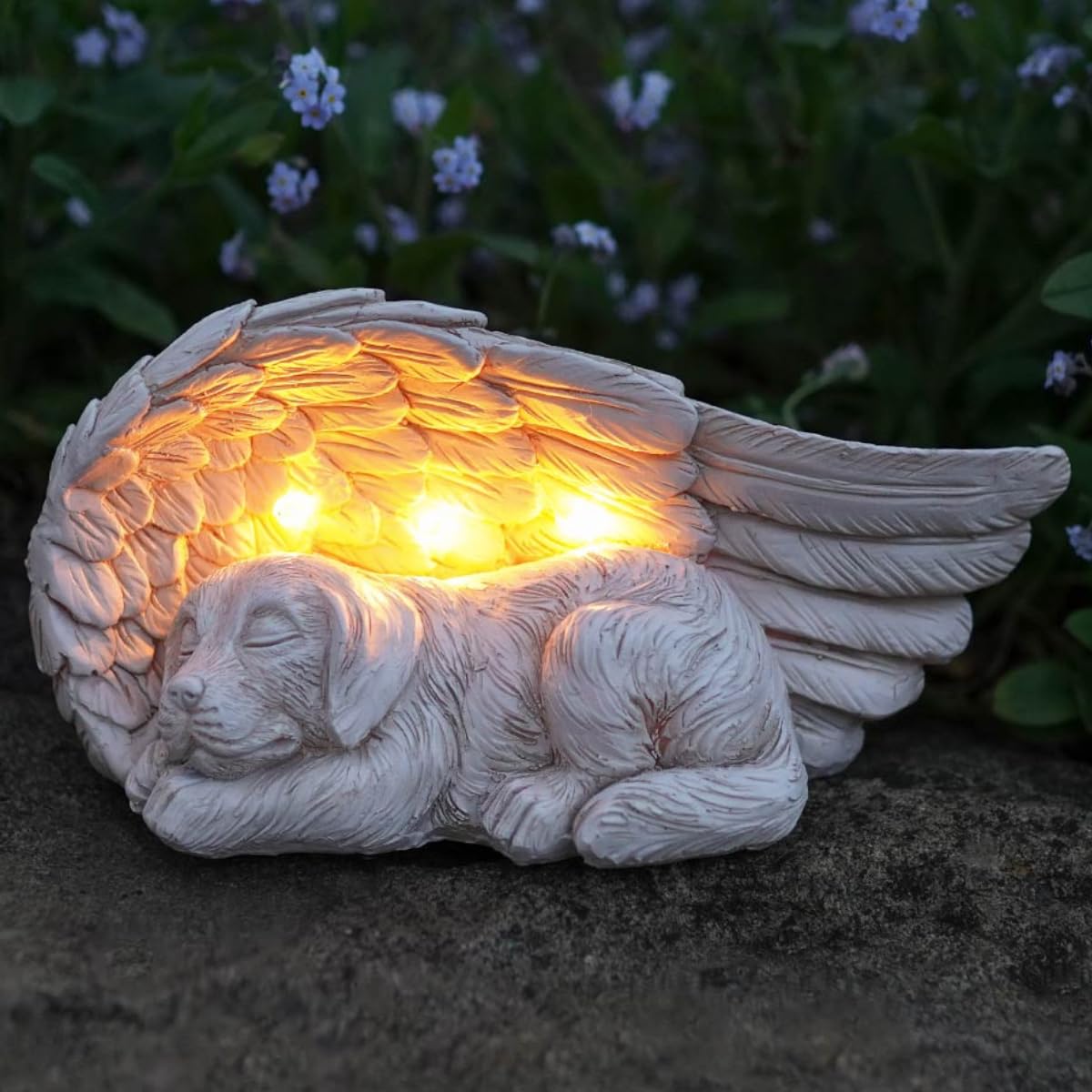 Festive Lights - 19.5cm Solar Stone Effect Dog Angel Wings Memorial Light with 3 Warm White LEDs - Weather Resistant Polyresin, Outdoor Garden Tribute Ornament - Integrated Panel, Automatic Night Glow