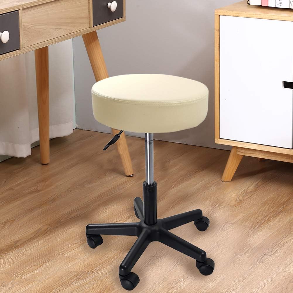 KKTONER Round Rolling Stool PU Leather Height Adjustable Swivel Drafting Work SPA Medical Salon Stools Chair with Wheels Beige: Furniture & Decor