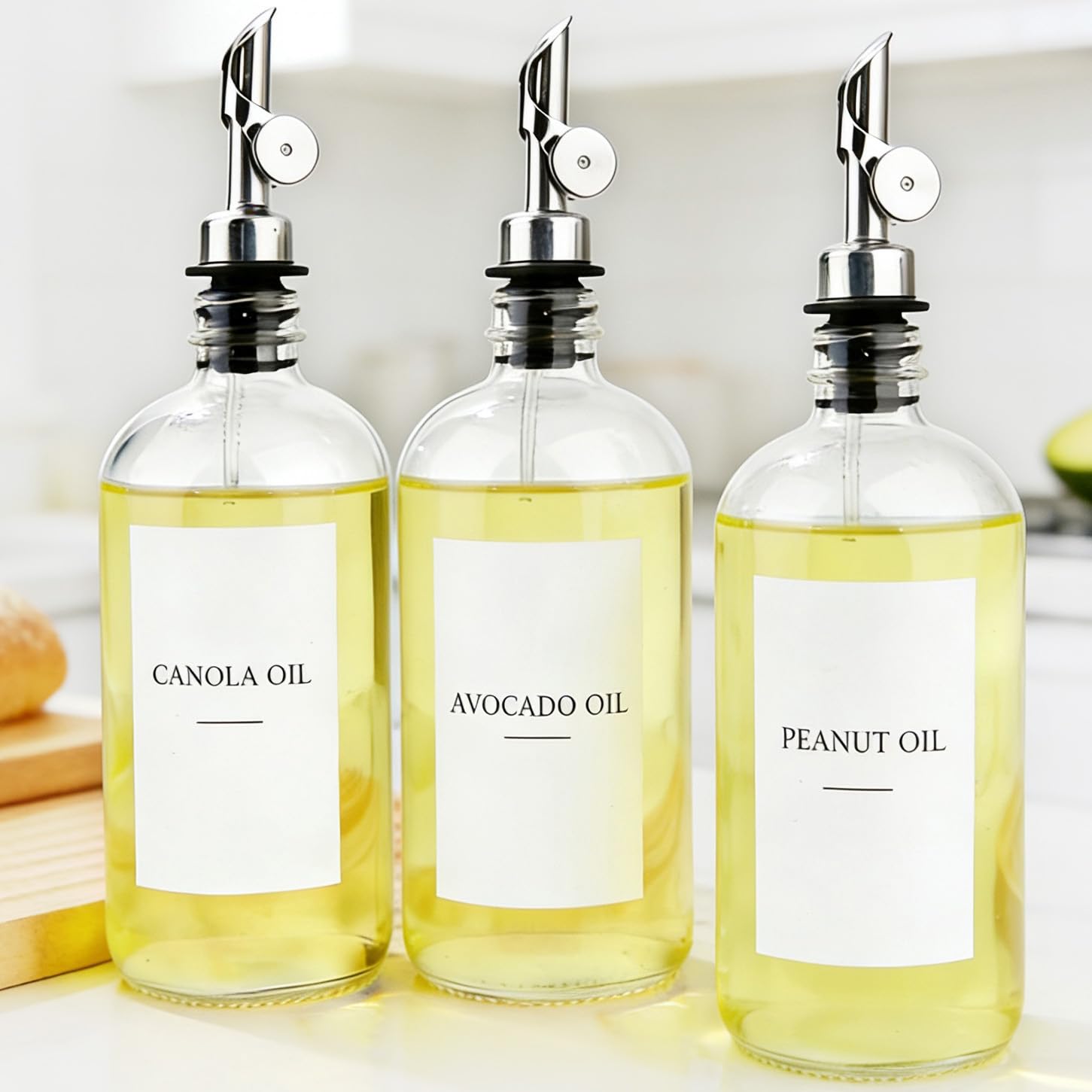 Ezebesta 3PCS Oil Dispensers with Labels 480ml Kitchen Cooking Glass Bottles Containers with 304 Stainless Steel Automatic Pump Heads Anti-Corrosion & Rustproof