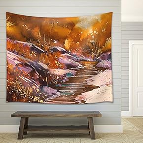 Illustration - River Lines with Stones in Autumn Forest,Illustration Painting - Fabric Wall Tapestry Home Decor - 51x60 inches