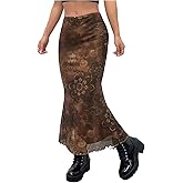 BEAUDRM Women's Floral Midi Skirt Boho Mesh High Waisted Bodycon Summer Skirts