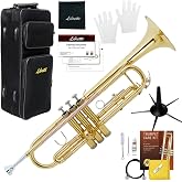 Libretto Gold Lacquer Bb Trumpet Set, Rose Brass Leadpipe | Standard for Beginner &amp; Intermediate Students, Stainless Valve, 7C Mouthpiece, Durable Case, Portable Stand, Care Kit