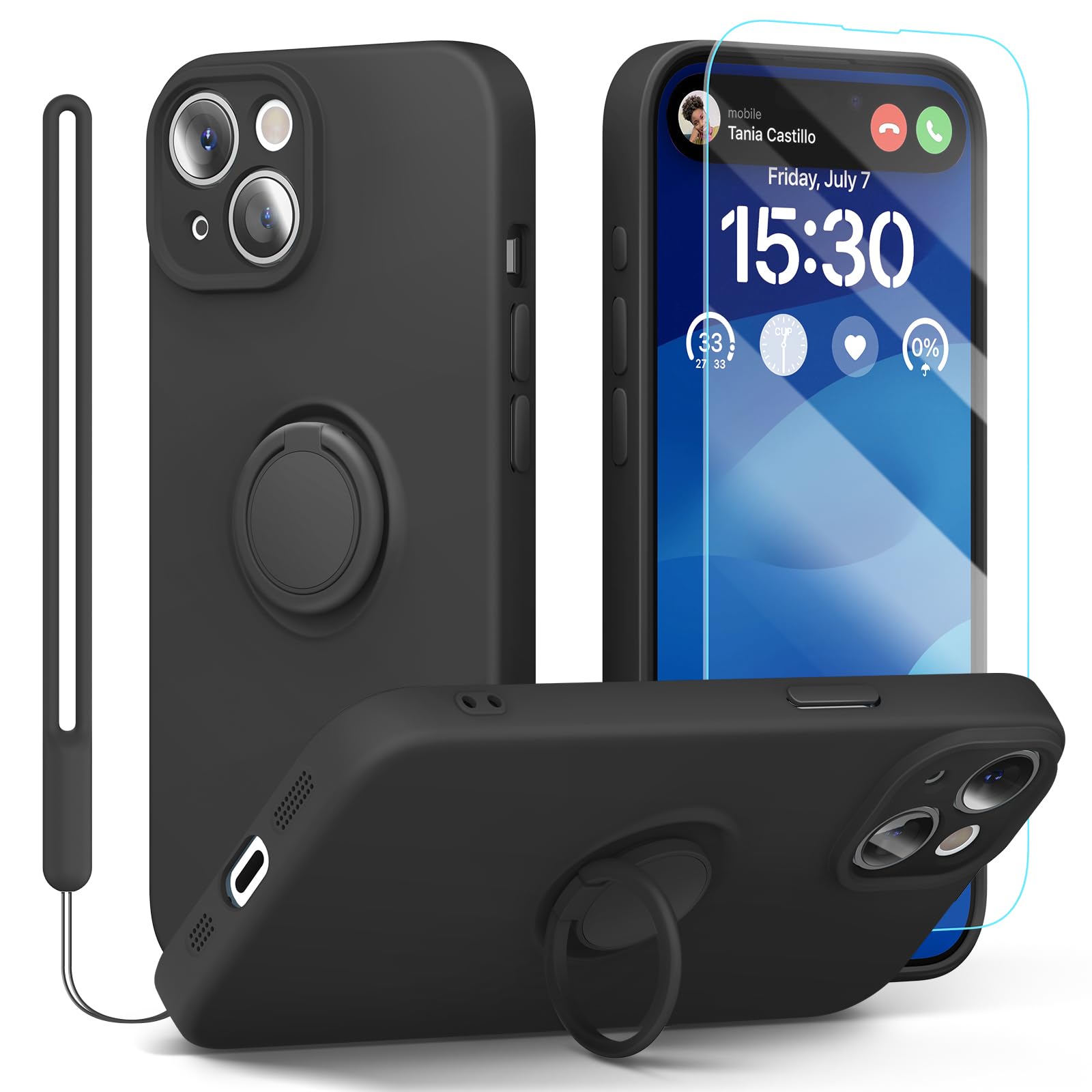 pcgaga Silicone Phone Case for iPhone 15 with Screen Protector [Ring Holder Stand] [Wrist Strap] [Microfiber Lining] Slim Shockproof Protective Cover, 6.1", Black