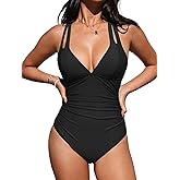 CUPSHE Women's One Piece Swimsuit Tummy Control Deep V Neck Double Straps Crisscross Back Tie Bathing Suit