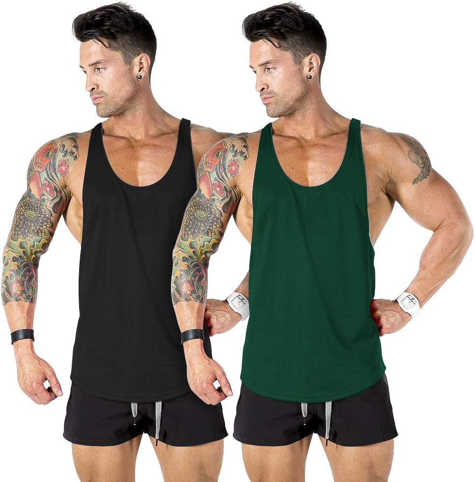 Men's Gym Workout Tank Top Muscle Stringer Bodybuilding Fitness T-Shirts Tops, 2 Pack