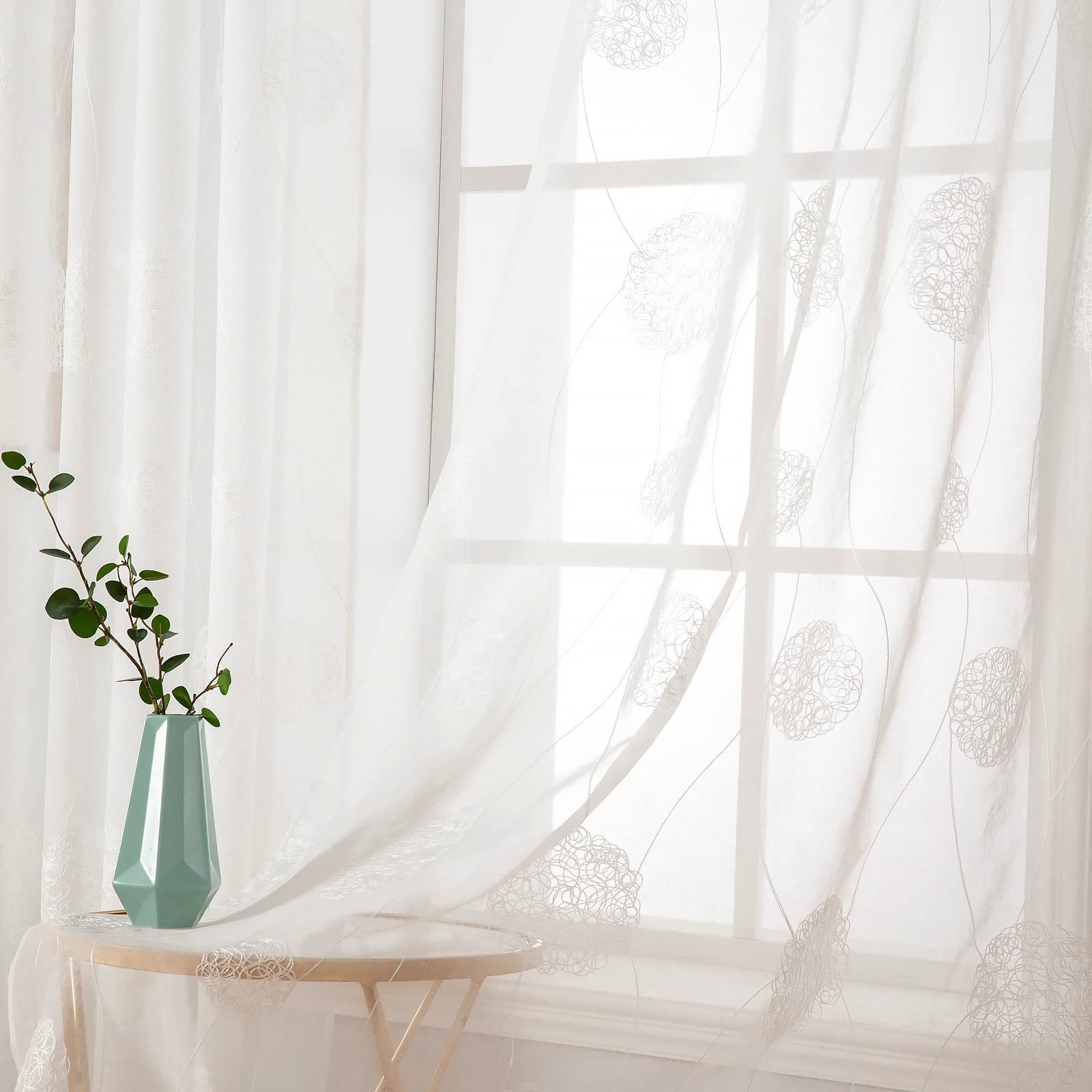 MIULEE Embroidery Sheer Curtains Decoration Flora Design Grommet Window Curtain Semi Voile Drapes with Eyelets Window Treatments for Living Room Bedroom 2 Panels 55" W x 102" L White