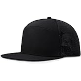 Men Flat Brim Adjustable Snapback Trucker Hat 6 Panel Camper Style Hat Blank Mesh Back Baseball Cap