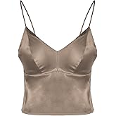FEELITS Women's Real Mulberry Silk Satin Bralette Camisole - Wireless Bra Crop Top, V-Neck Spaghetti Strap Tank Top