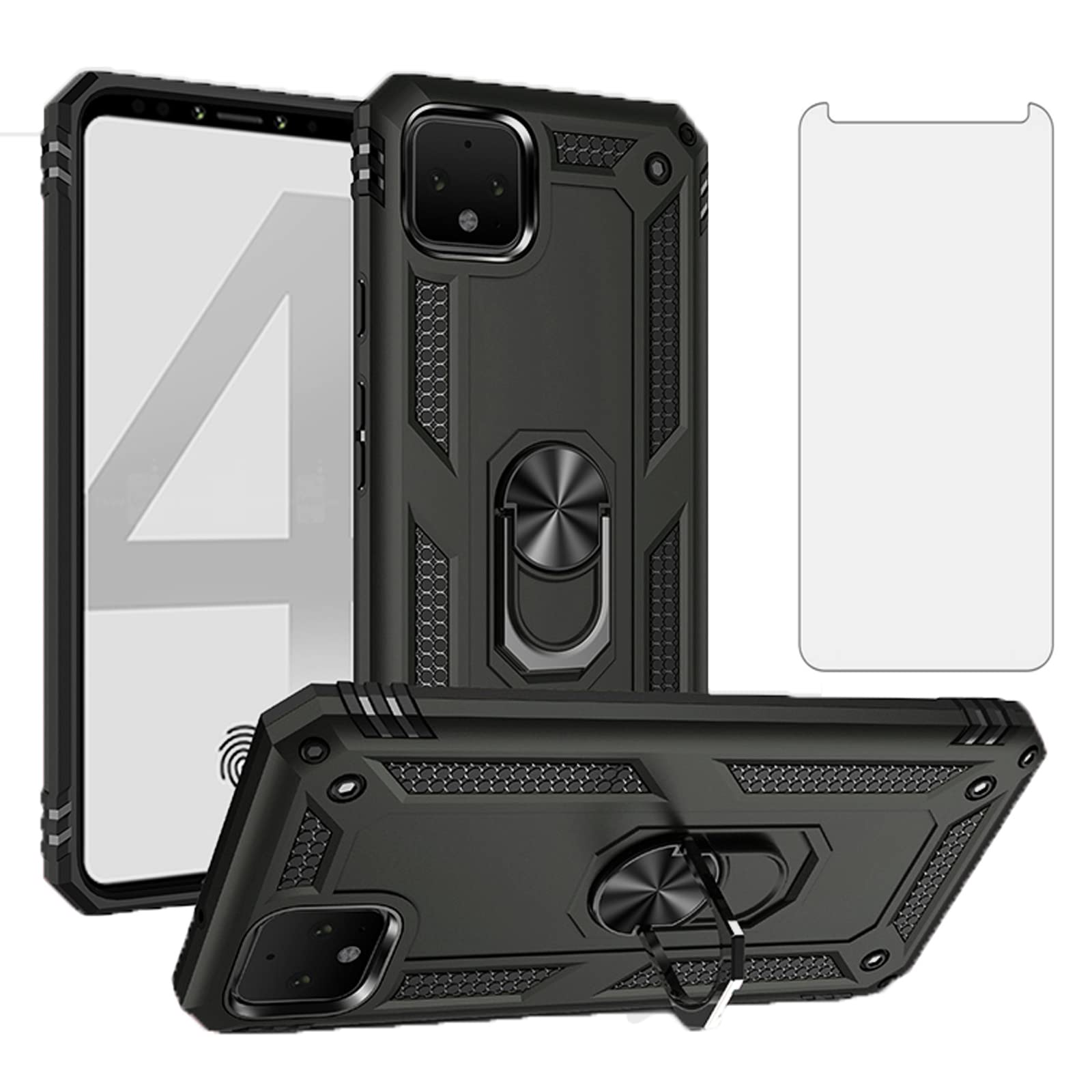 Asuwish Compatible with Google Pixel 4 Phone Case with Tempered Glass Screen Protector Cover and Stand Ring Holder Hard Shockproof Magnetic Heavy Duty for Pixel4 Pixle Four Women Men Black