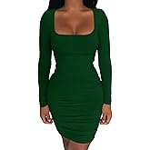 Kaximil Women's Sexy Bodycon Ruched Mini Club Dress Long Sleeve Basic Casual Dresses