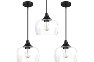 SEENMING HOUSE 3 Pack 1 Light Hanging Indoor Kitchen Island Pendant Ceiling Light 8.2" Drum Clear Glass Shade Fixture,Black Finish Modern Farmhouse Dinning Over Sink Adjustable Rod