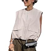 Yimoon Women’s Oversized Zip Up Cargo Vest Casual Ruched Hem Sleeveless Blazer Jackets Vest Top with Pockets