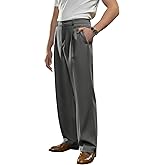 PLEPAN Men's Casual Dress Pants Pleated Baggy Wide Leg Relaxed Fit Slacks Expandable Waist Trousers