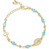 Gold Rosary Bracelet for Women Virgin Mary Jesus Cross Charm Link Chain Golden Religious Rosarios Catolicos Virgen de Guadalupe Bracelets Religious Jewelry Gift for Confirmation Baptism First Communion Easter