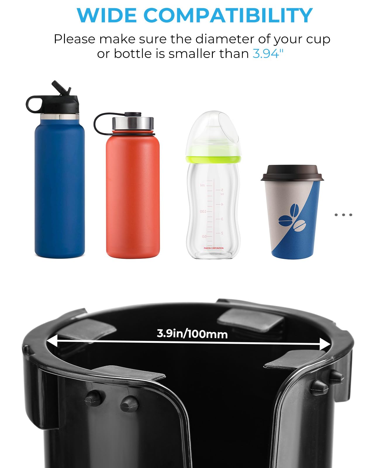 JOYTUTUS Wheelchair Cup Holder, 2-in-1 Walker Cup Holder with 6.4'' Large Storage Box, Drink Holder for Bottle with Handle, Fit for Wheelchair, Walker, Rollator, Stroller, Camper, Golf cart (Large)