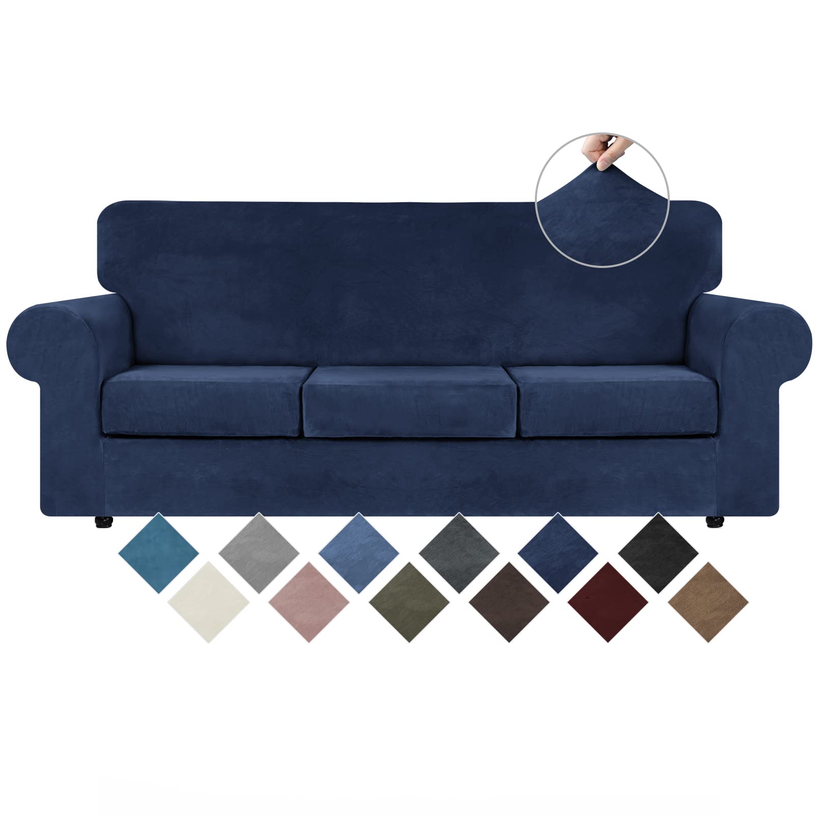 Photo 1 of WEERRW 4 Pieces Velvet High Stretch Couch Covers for 3 Cushion Couch Sofa Slipcovers, Washable Furniture Protector with Non Slip Elastic Bottom, Feature Soft and Thick Plush Fabric, Navy Blue, Large