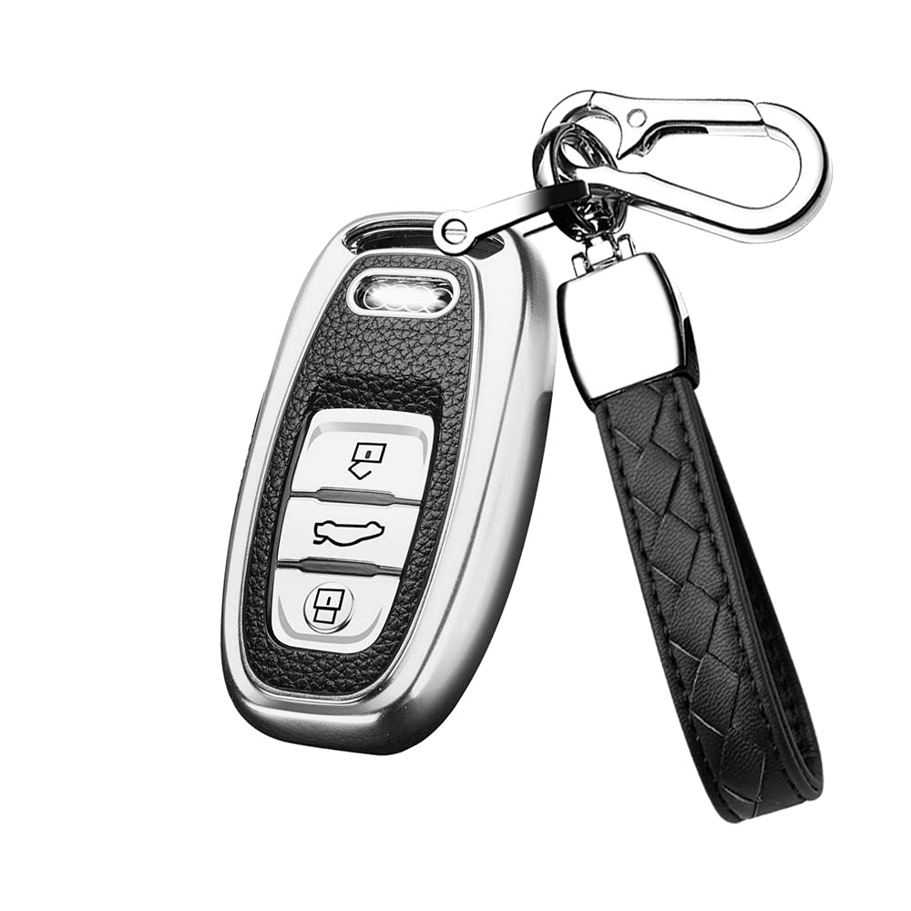 HIBEYO Smart car key case fits Audi car key case for no ignition lock keyless cars A4 A5 A6 A7 Q5 Q7 Q8 S5 S6 RS SQ key box remote control TPU leather texture protective case silver