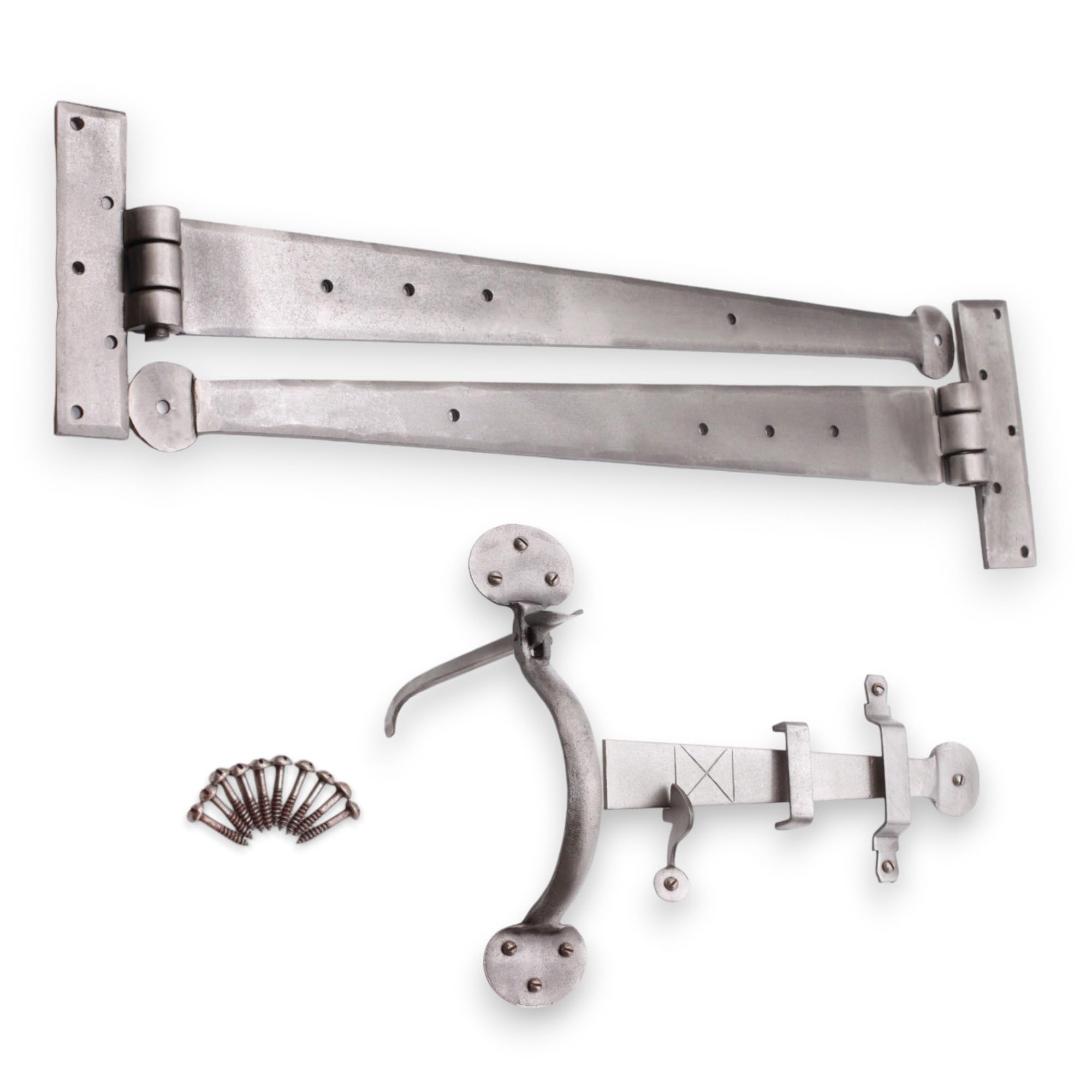 Infinity Decor Traditional Hand Forged Iron 18” Iron Tee Hinge Penny End & Suffolk Latch Door Kit Pewter Finish – for Wooden Gate, Shed, Barn Door