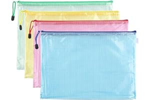 JFFX 4 Pack Mesh Zipper Pouch, A4 Letter Document File Mesh Bags with Zipper, Waterproof Zipper Bags for Travel Storage, School Office Appliances and Home
