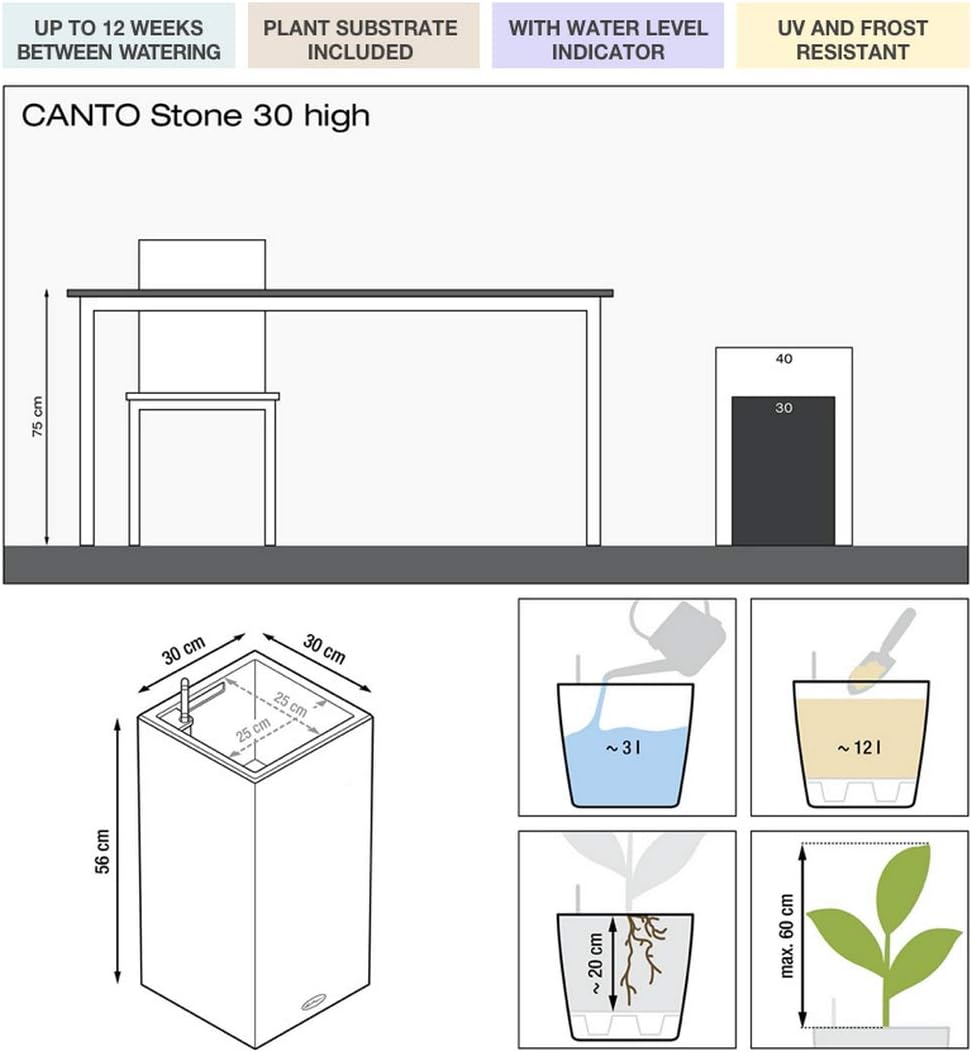 Lechuza Self Watering Plant Pot CANTO Stone 30 High Large Plastic Indoor and Outdoor Plant Pot with Drainage Hole H56 L30 W30 cm Sand Beige - Image 3