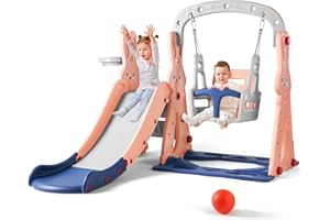 JOYLDIAS 4 in 1 Kids Slide for Toddlers Age 1-3, Children Slide and Swing Climber Toy Game Playset with Safety Belt, Basketball Hoop & Ball, Extra Long Slide for Indoor Outdoor Playground Backyard