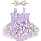 Aenbilo Baby Girl Summer Clothes Sleeveless Girl Clothes Cute Lace Daisy Romper Bodysuit Summer Outfits Headband 0-12Months