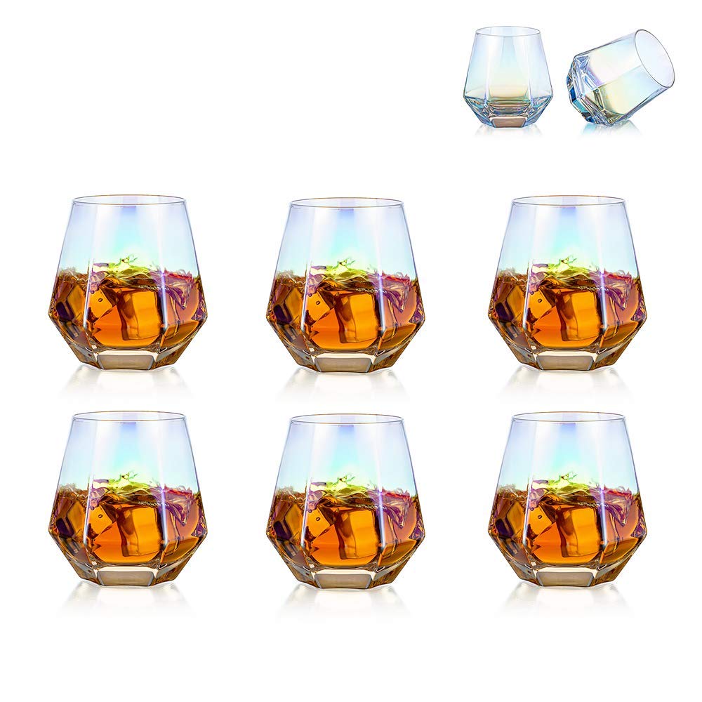 Diamond Whiskey Glasses Set of 6 Water Juice Tumbler Tilted Scotch Glass 300ml Whisky Glass Modern Look Glassware for Bourbon/Rum/Bar Tumbler