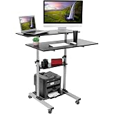 Mount-It! Adjustable Height Rolling Desk, Mobile Standing Desk, 39.5" Wide | Computer desk on wheels, 37.25-55 in height, two 39.5 in top platforms, 4 shelves, 33 lb each, 132 lb total, locking casters