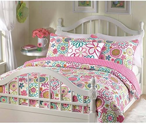 Mariah Kids Colorful Floral Pink Patterned Polyester-Microfiber Queen Quilts Bedding for Girls (3 Piece)