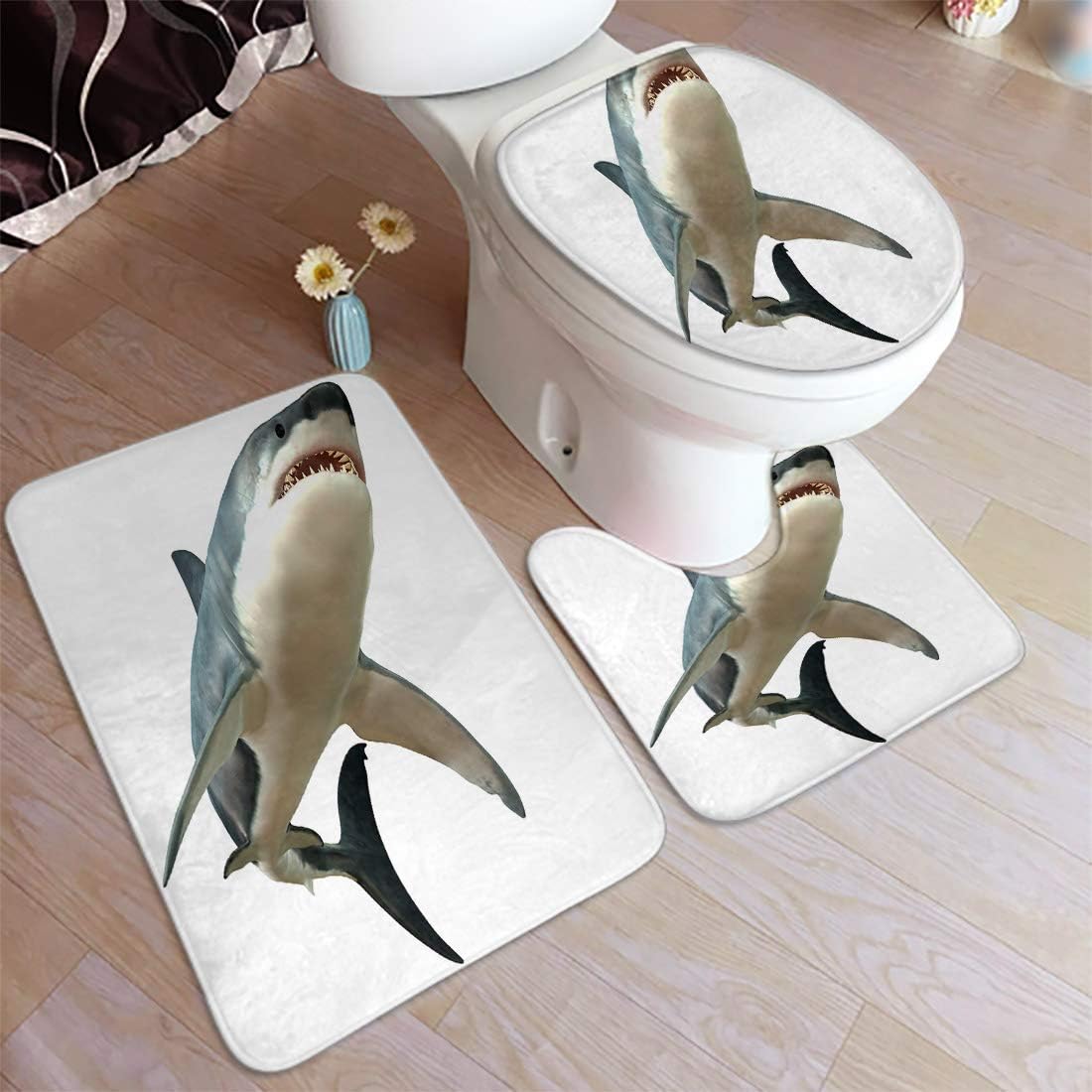 Tinmun Bathroom Antiskid Pad Great White Shark Body is Soft Comfort Anti-Skid Absorbent Toilet Seat Cover Bath Mat Lid, 3pcs/Set Rugs Rug