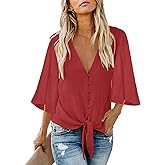 Kancystore Womens Button Down V Neck Tie Knot Front Tops 3/4 Sleeve Chiffon Casual Blouse Shirts