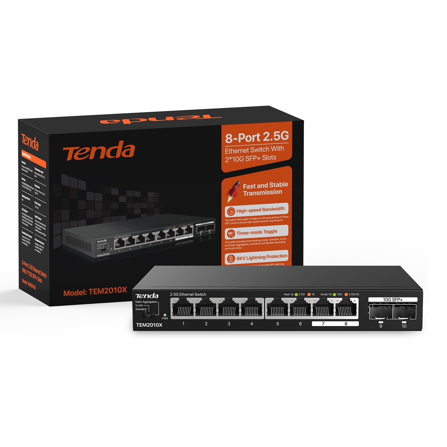Tenda 2.5 Gbit Switch mit 8X 2.5G Ports & 2X 10G SFP+ Ports (VLAN, Statische Aggregation, Lüfterlos, Plug & Play, Desktop-/Wandmontage, Unmanaged, Metallgehäuse) (TEM2010X) 8