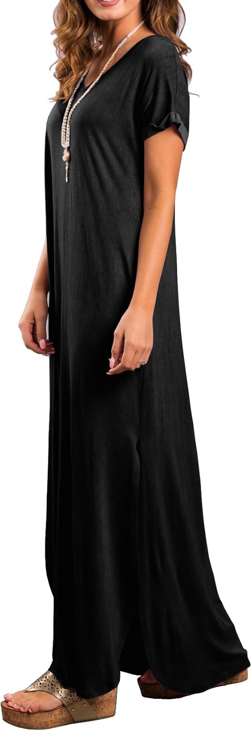 GRECERELLE Women's Casual Loose Pocket Long Dress Short Sleeve Split Maxi Dresses at  Women’s Clothing store