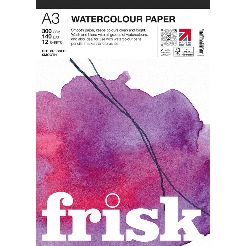Frisk Watercolour Paper Pad 300gsm Hot Pressed/Smooth 12sheets A3, White, 23193503