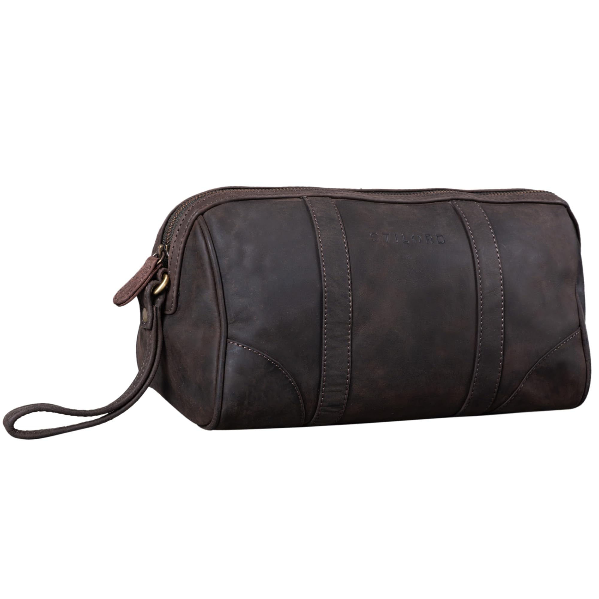 STILORD "Charles" Toilet Bag Leather Large Vintage Design for Men and Women Wash Bag Cosmetic Bag with Handle Colour:Dark - Brown
